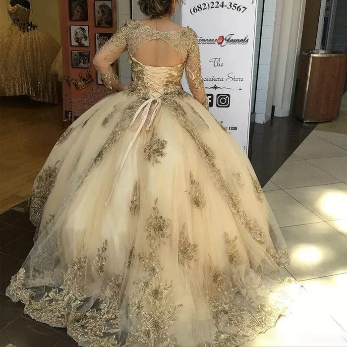 Luxury Gold Lace Quinceanera Dress - Envious Designs
