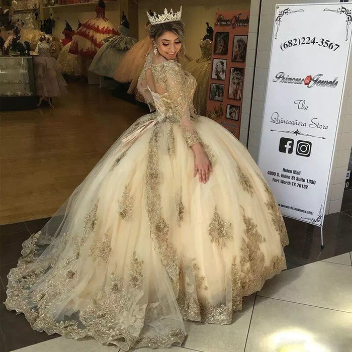 Luxury Gold Lace Quinceanera Dress - Envious Designs