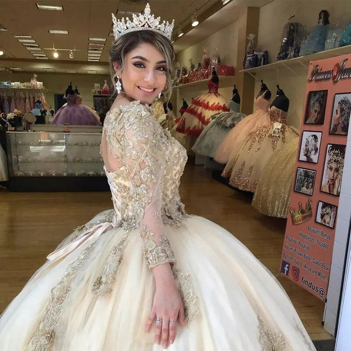 Luxury Gold Lace Quinceanera Dress - Envious Designs