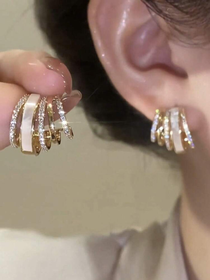 Luxury Layered Hoop Earrings – Gold Tone with White Enamel & Rhinestone Detail