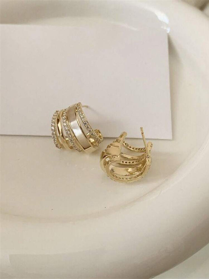 Luxury Layered Hoop Earrings – Gold Tone with White Enamel & Rhinestone Detail