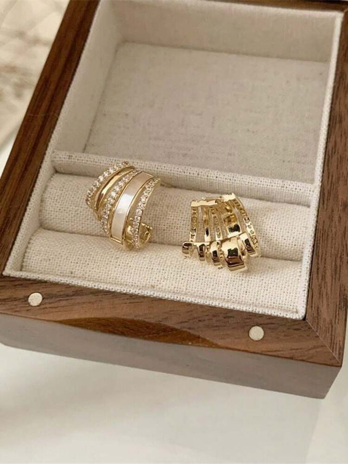 Luxury Layered Hoop Earrings – Gold Tone with White Enamel & Rhinestone Detail