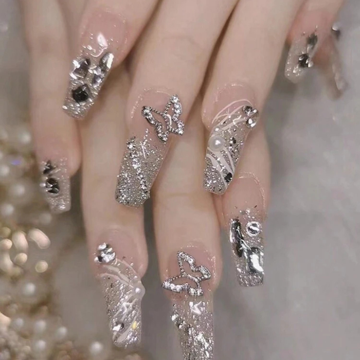Luxury Rhinestone Butterfly Press-On Nails – Silver Glitter Long Nail Set