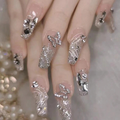 Luxury Rhinestone Butterfly Press-On Nails – Silver Glitter Long Nail Set