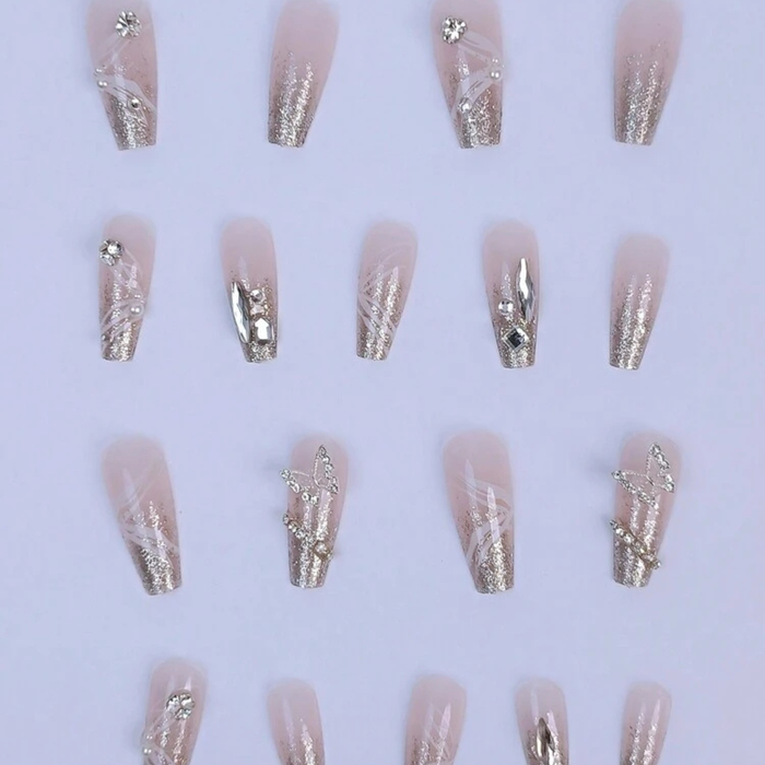 Luxury Rhinestone Butterfly Press-On Nails – Silver Glitter Long Nail Set