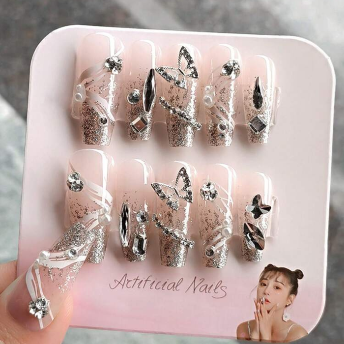 Luxury Rhinestone Butterfly Press-On Nails – Silver Glitter Long Nail Set