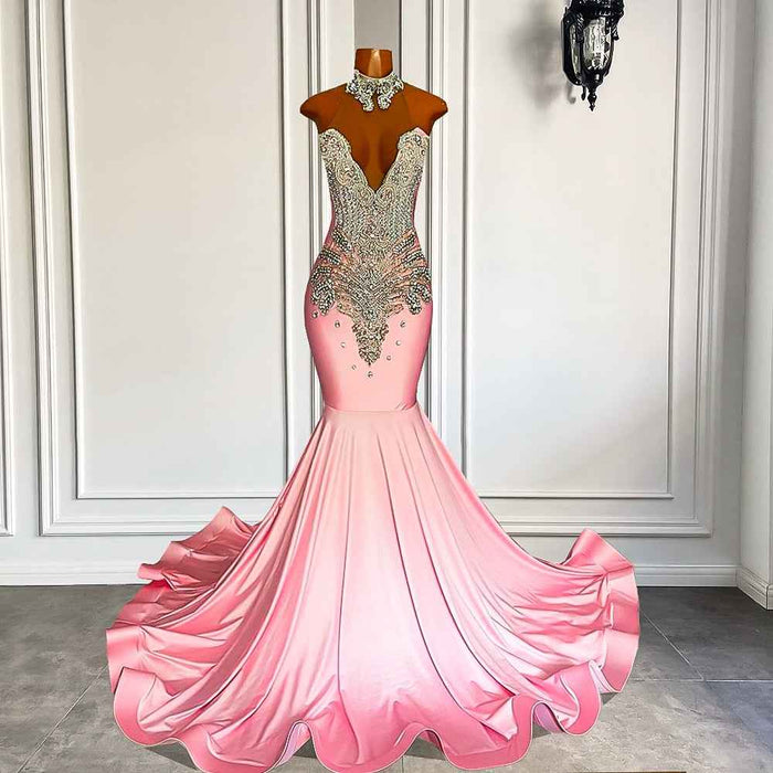 Luxury Sparkly Silver Diamond Long Pink Prom Dress - Elegant Pink Prom Dress for Unforgettable Nights