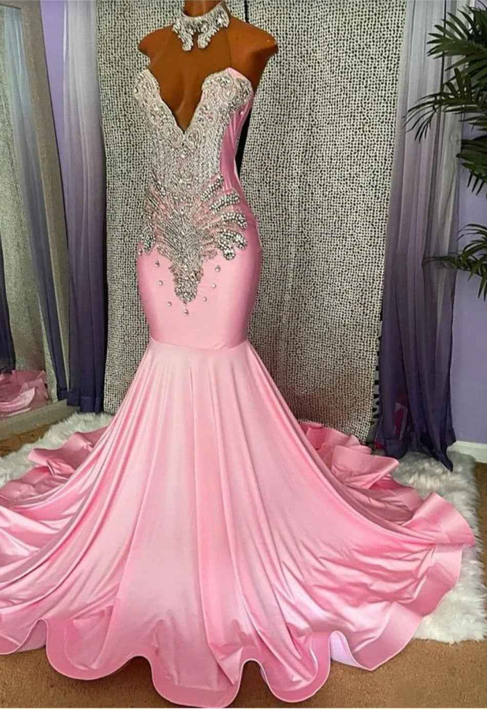 Luxury Sparkly Silver Diamond Long Pink Prom Dress - Elegant Pink Prom Dress for Unforgettable Nights