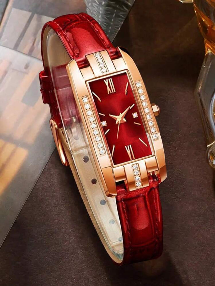 Luxury Women’s Rectangular Watch – Red Dial & Rose Gold Frame