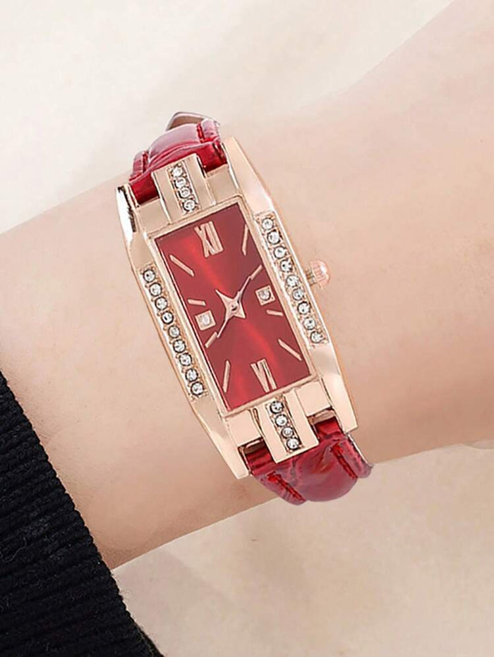 Luxury Women’s Rectangular Watch – Red Dial & Rose Gold Frame