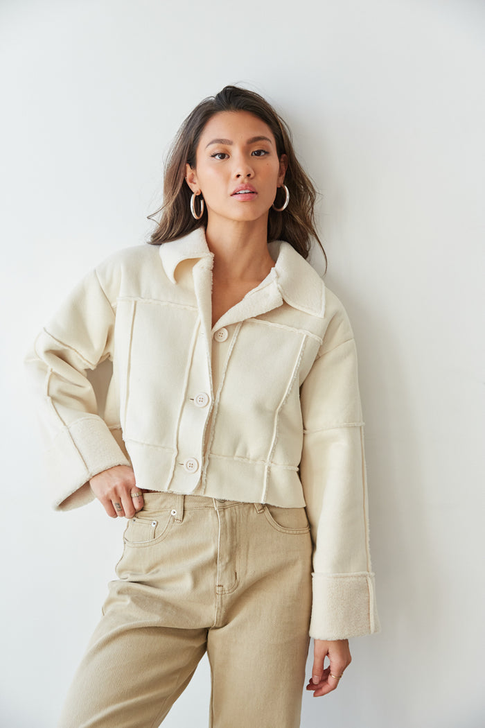 off white cropped sherpa jacket - cream suede jacket - cropped contrast stitch sherpa jacket