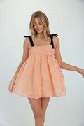 peach crinkle babydoll dress - black velvet bow tie babydoll dress - spring dress inspo
