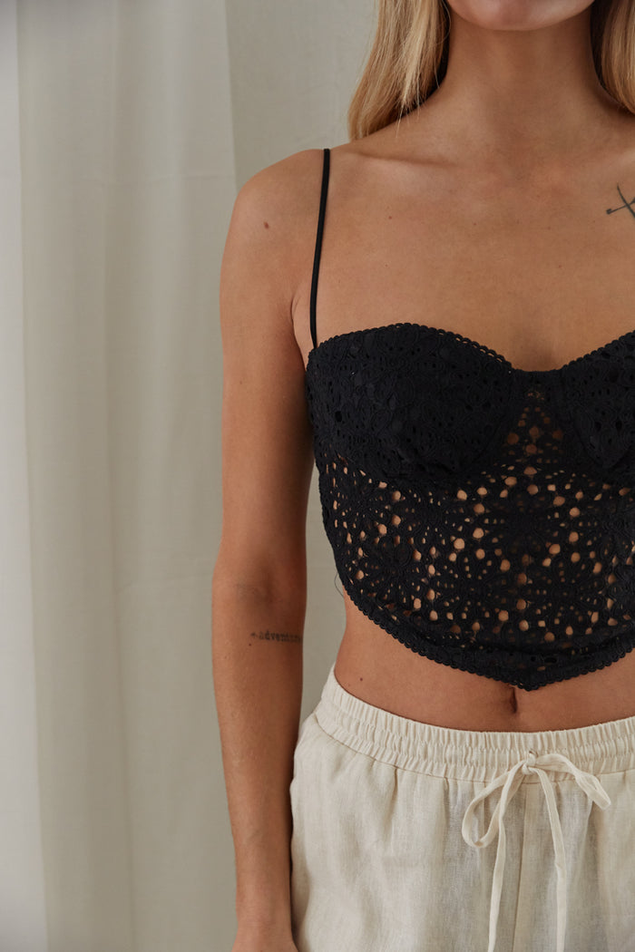 black lace v hem crop top - black eyelet lace trim bustier top - adjustable tie back lace crop top