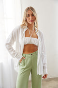 white crop top and button up shirt set