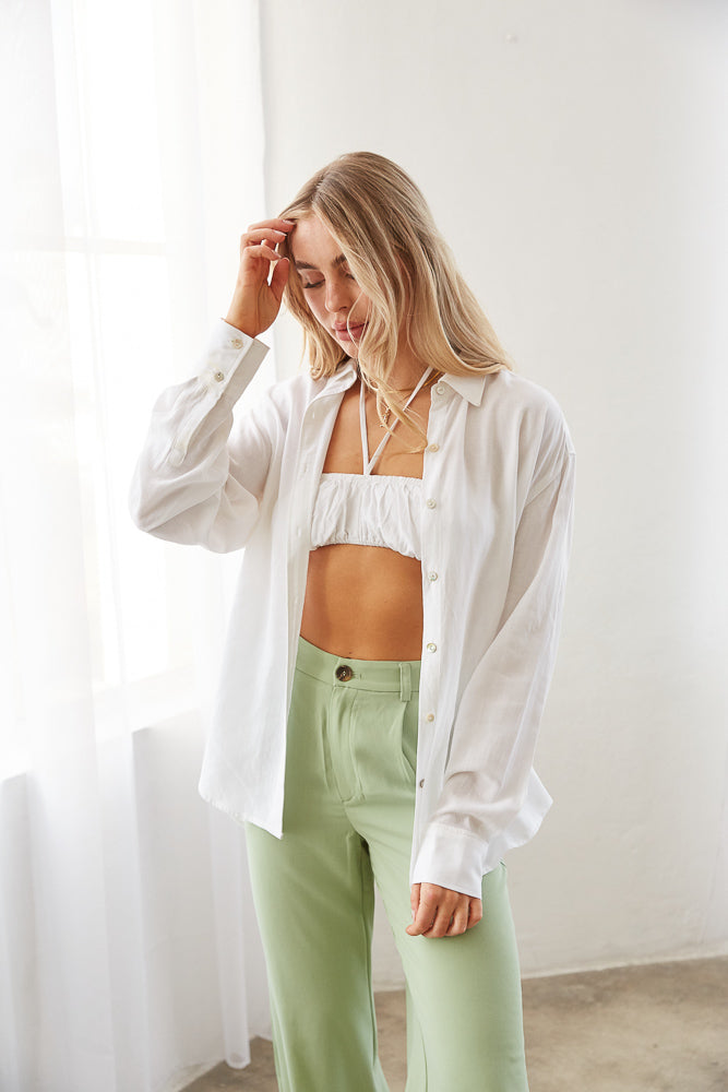 white crop top and button up shirt set