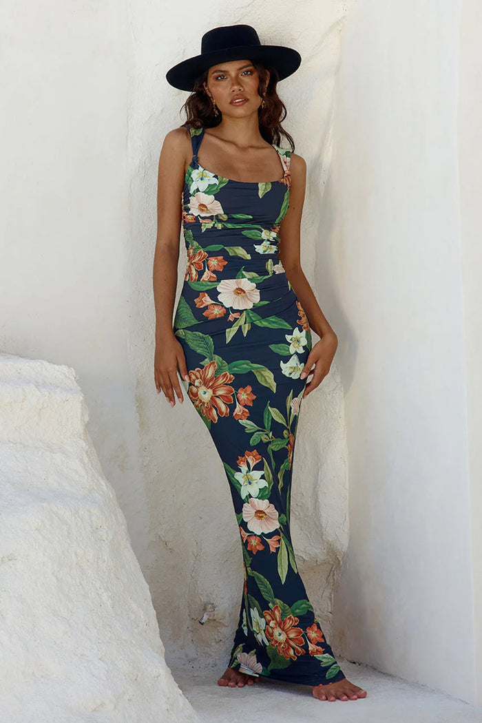 black tropical floral maxi dress