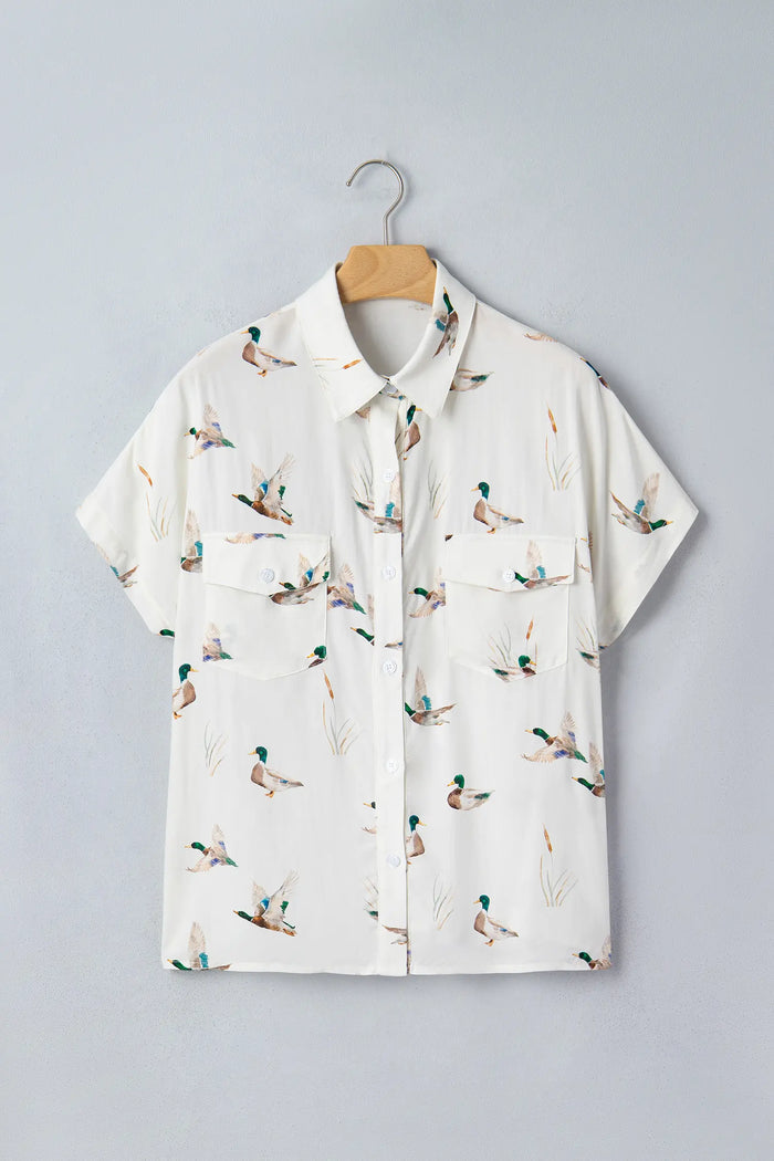 Mallard Printed Button Flap Pocket Short Sleeve Shirt – White