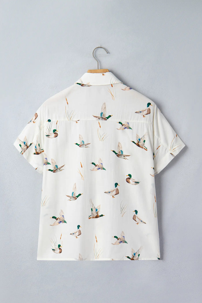 Mallard Printed Button Flap Pocket Short Sleeve Shirt – White