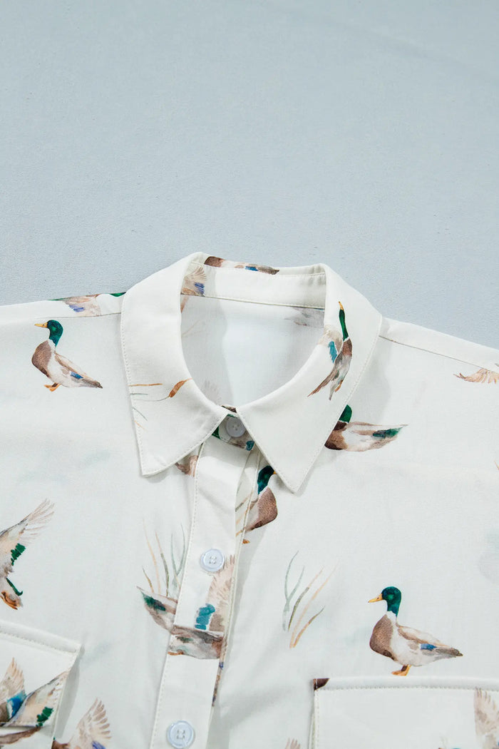 Mallard Printed Button Flap Pocket Short Sleeve Shirt – White