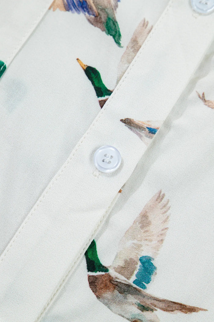 Mallard Printed Button Flap Pocket Short Sleeve Shirt – White