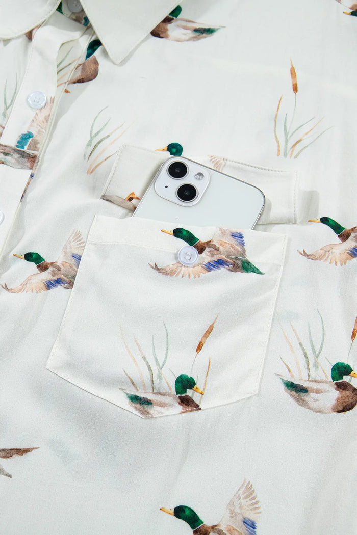 Mallard Printed Button Flap Pocket Short Sleeve Shirt – White