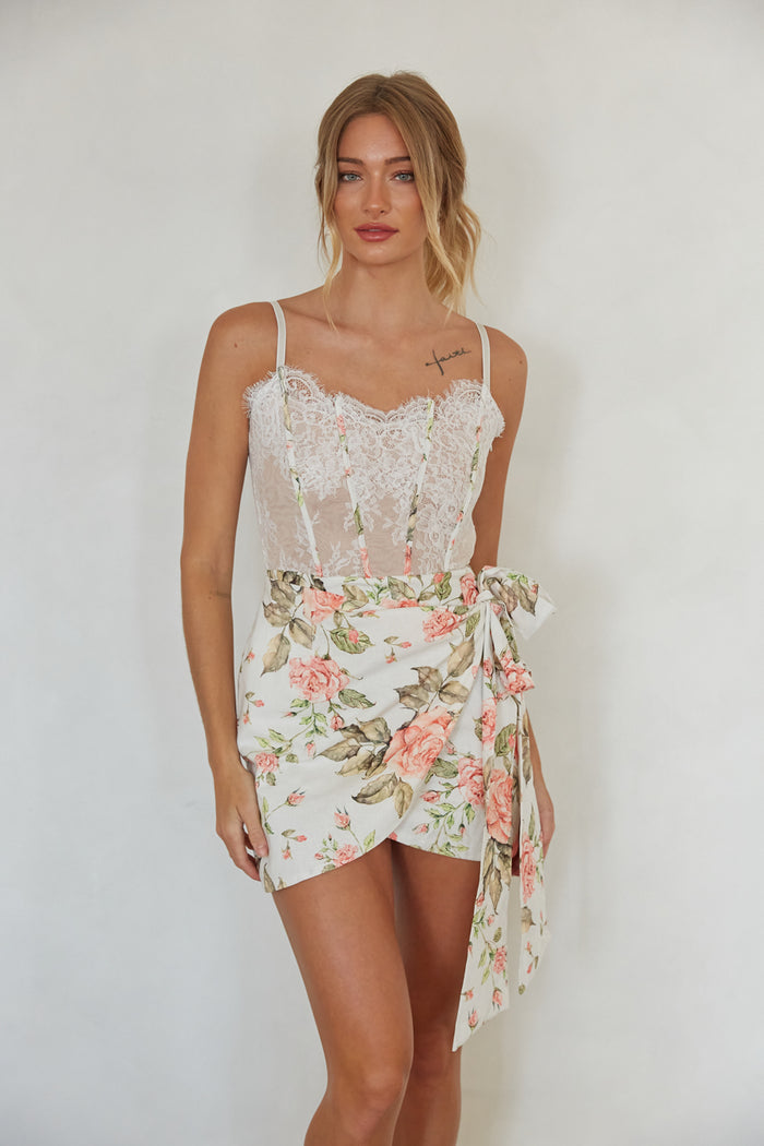 front view | white lace corset floral wrap mini dress | kentucky derby mini dress