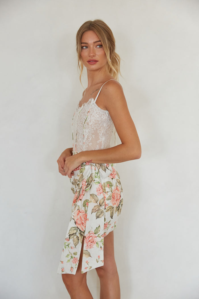 side view | white lace corset floral wrap mini dress | kentucky derby mini dress