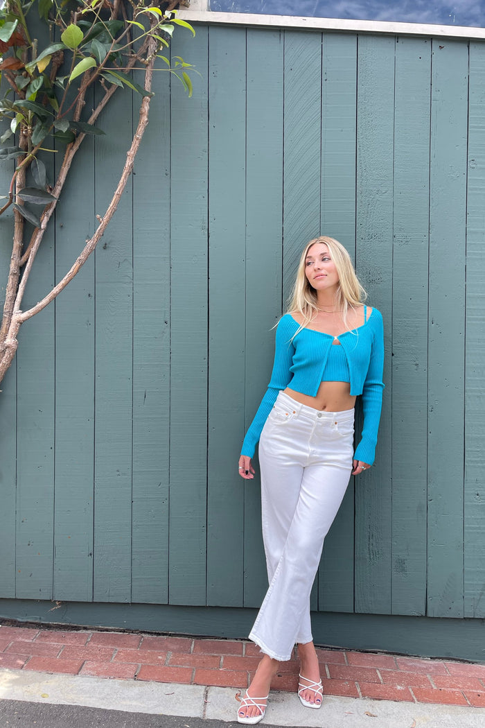 bold blue soft knit cardigan with single gold clasp - beachy long sleeve cardigan for fall