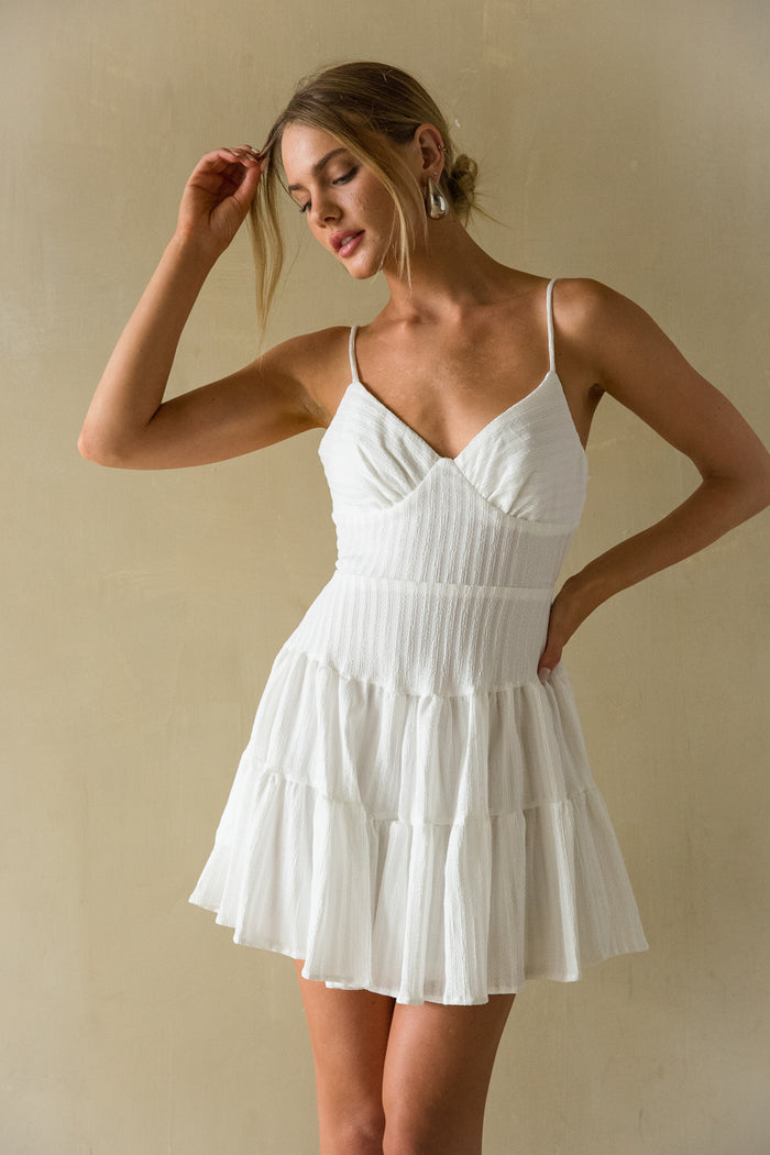 white-image | Front view | White Ribbed tie back mini dress | Sunny season mini dress