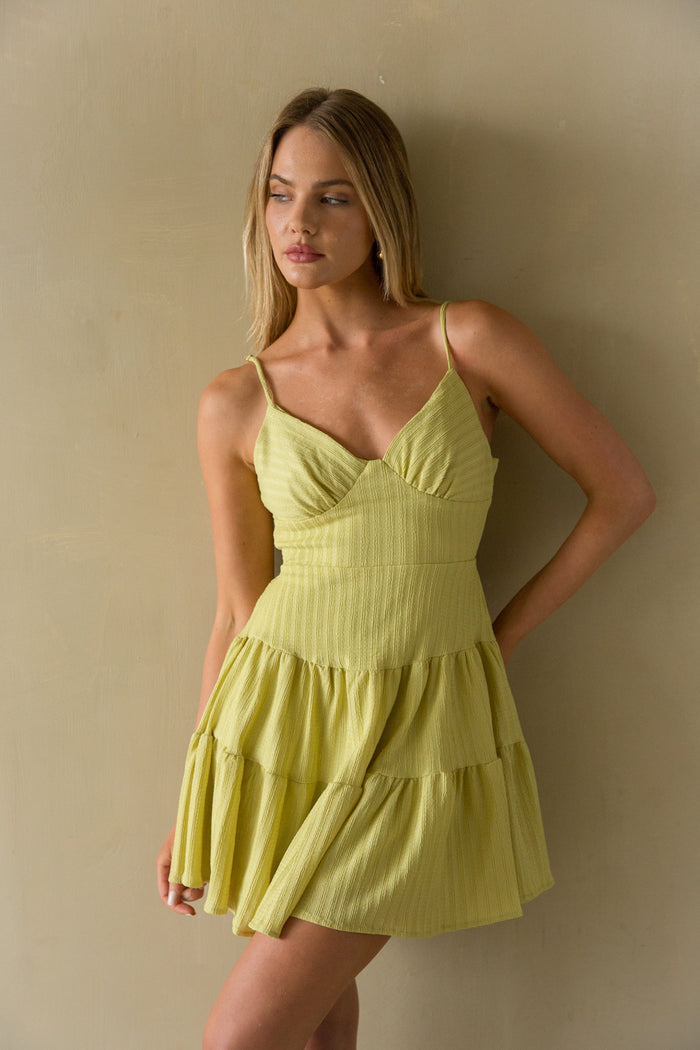 Front view | Green Ribbed tie back mini dress | Sunny season mini dress