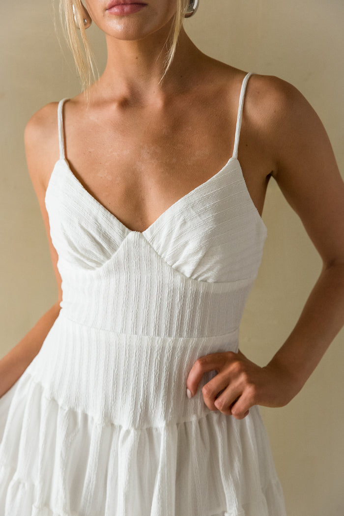 Front view | white Ribbed tie back mini dress | Sunny season mini dress