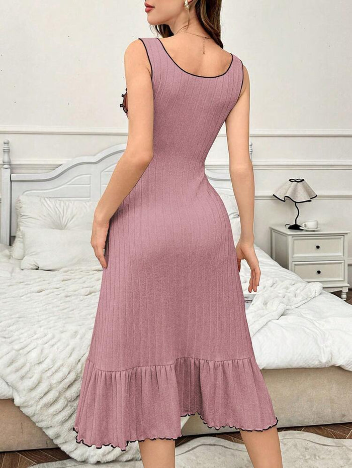 Mauve Ribbed Ruffle Trim Lounge Midi Dress – Sleeveless Feminine Sleep Dress for Women