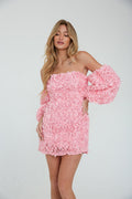 pink-image | pink shift dress with off the shoulder puff sleeves