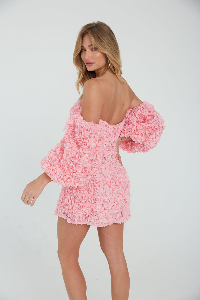 pink long sleeve petal applique dress