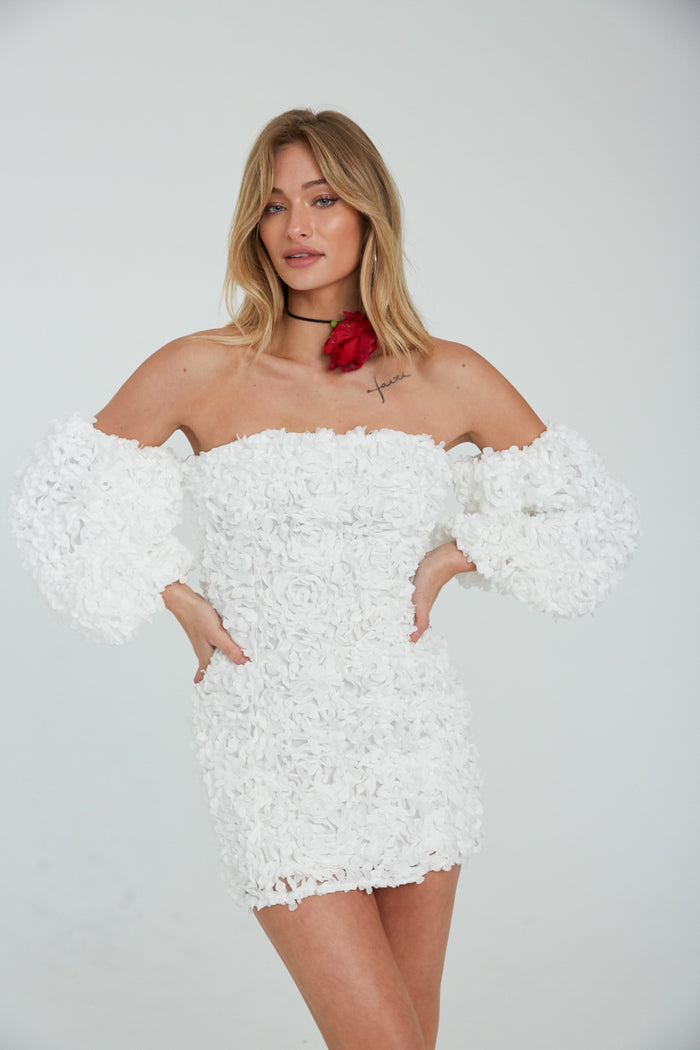 white off the shoulder long sleeve shift dress - bridal shower - sorority rush