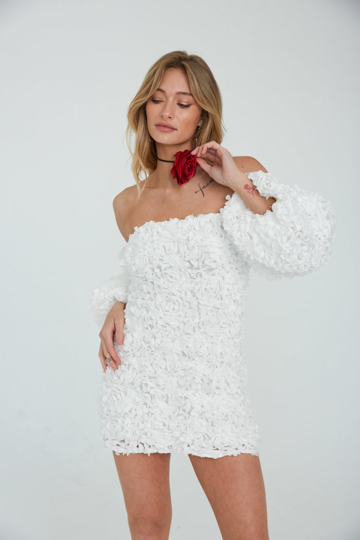 white off the shoulder puff sleeve mini dress
