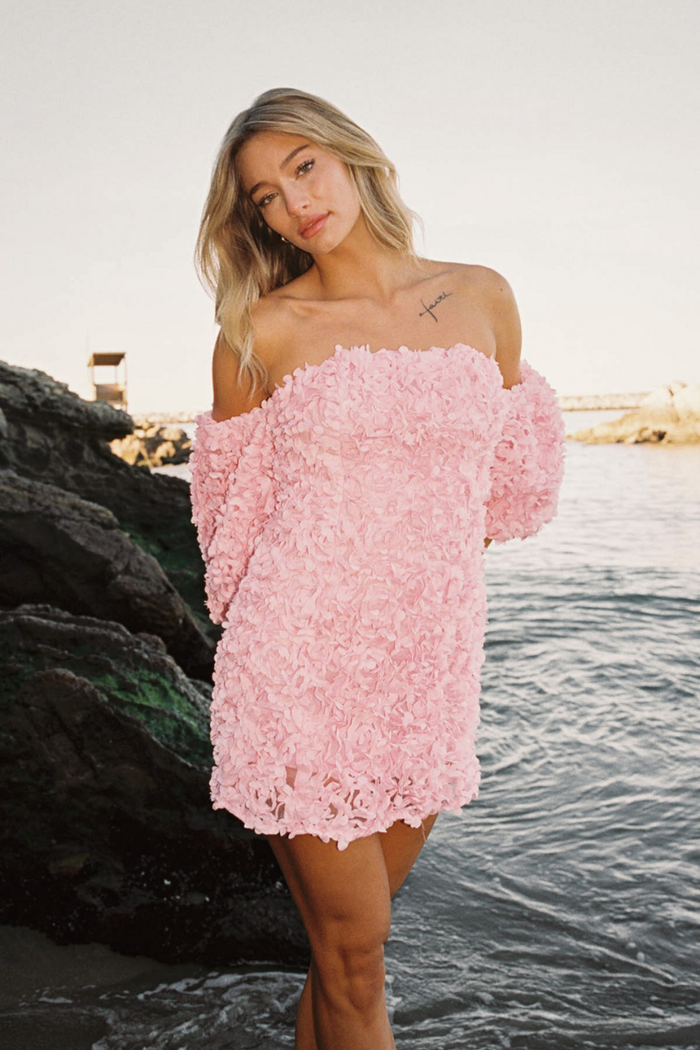 pink petal applique mini dress for spring