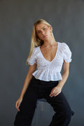 white puff sleeve crop top - ruffle trim waist crop top - black levi's