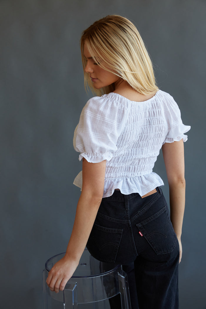 smocked back crop top - puff sleeve top - white crop top