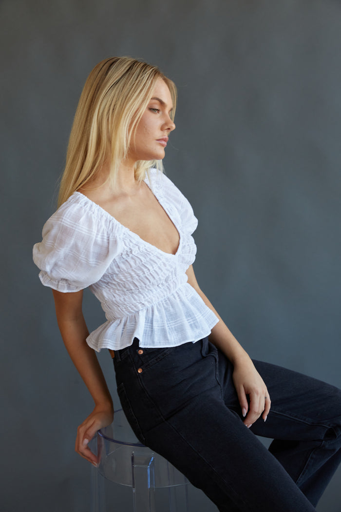 smocked puff sleeve top - ruffle trim crop top - black denim pants