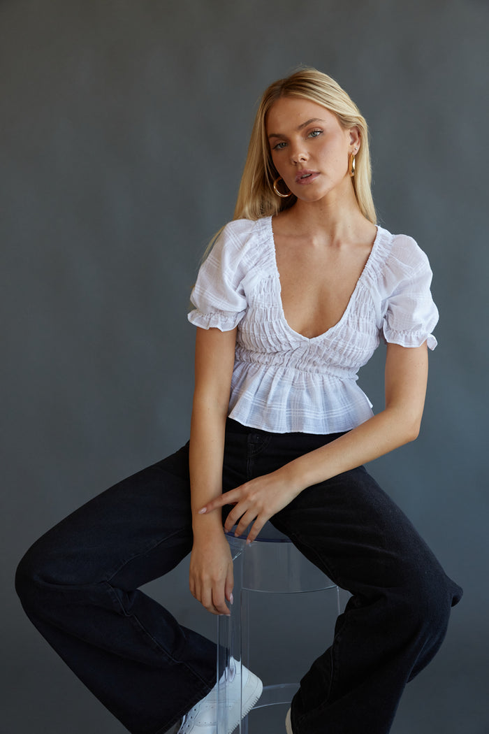 deep v-cut puff sleeve top - ruffle trim waist top - smocked crop top