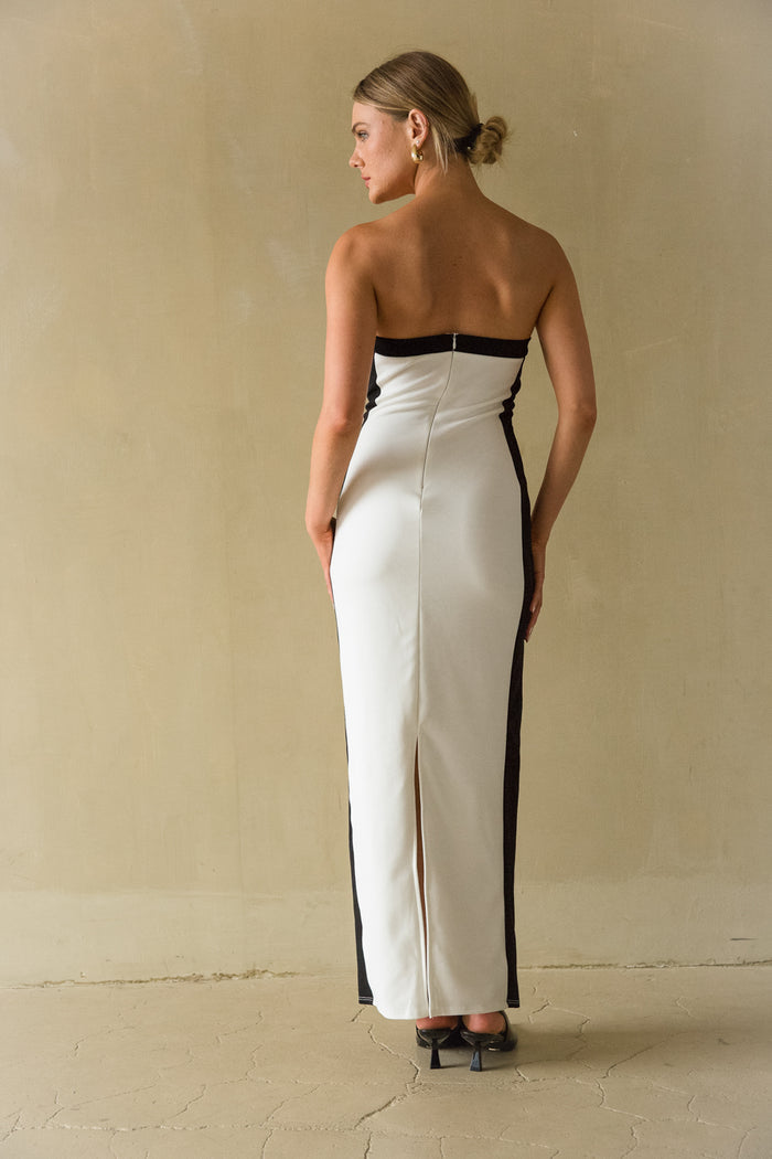 back view | contrast strapless bodycon midi dress | day event dress