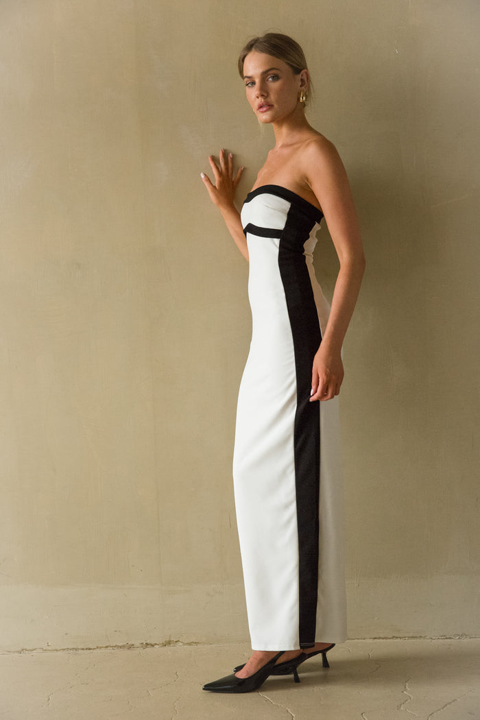 side view | contrast strapless bodycon midi dress | day event dress