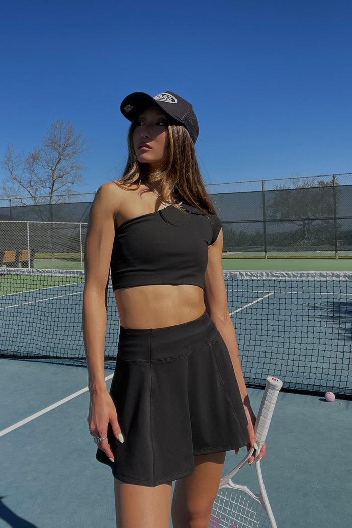 Black one-shoulder fitted workout top with smoothing fabric