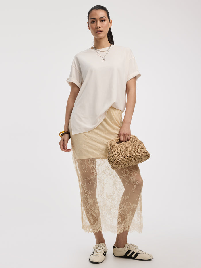 Midi Mesh Skirt with Lace Trim