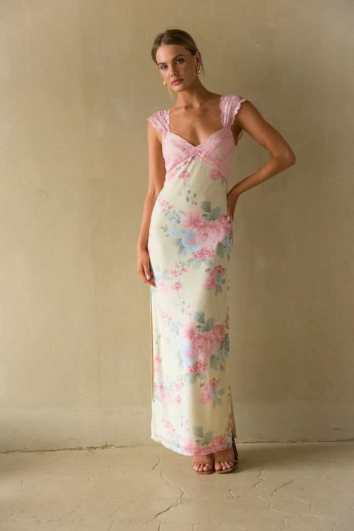 yellow-image | Front view | Pastel Floral lace trim mesh maxi dress | wedding guest dress | Suddenly Fine Maxi Slip Dress