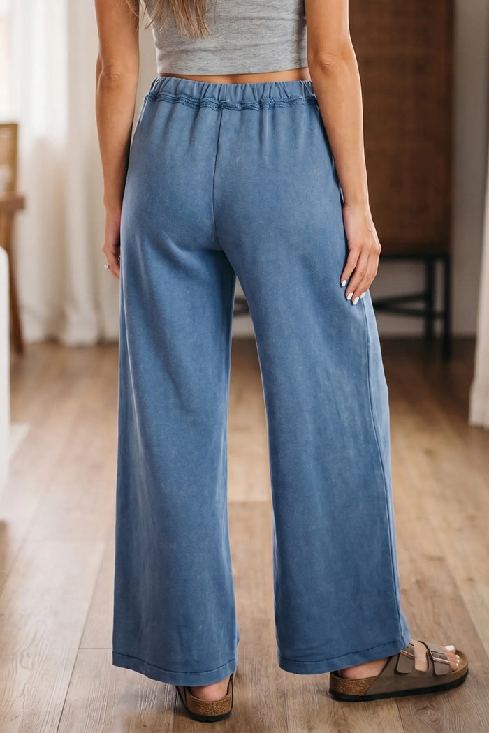 Mineral Wash Drawstring Retro High Waist Wide Leg Western Pants – Smoke Gray