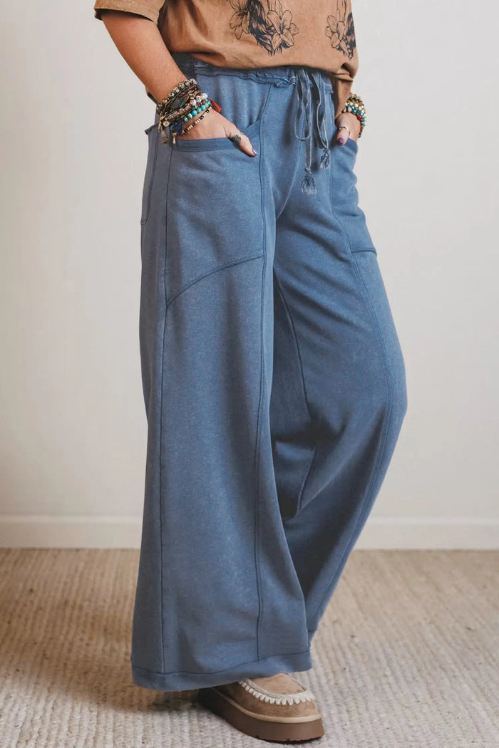 Mineral Wash Drawstring Retro High Waist Wide Leg Western Pants – Smoke Gray