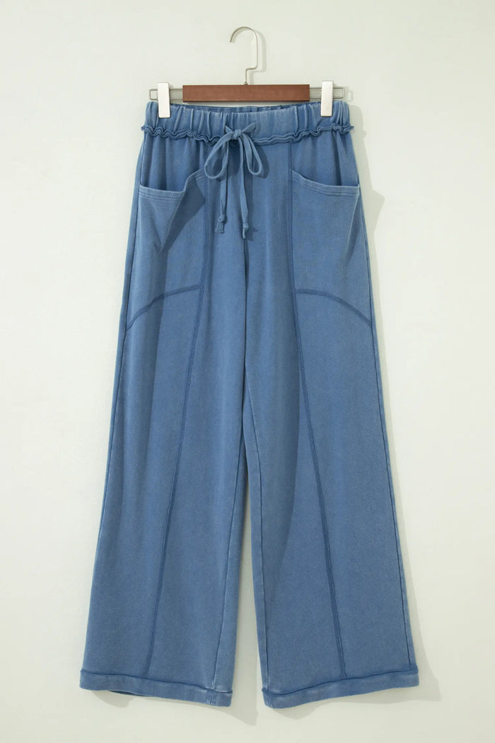 Mineral Wash Drawstring Retro High Waist Wide Leg Western Pants – Smoke Gray
