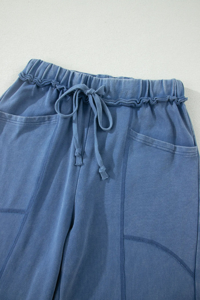 Mineral Wash Drawstring Retro High Waist Wide Leg Western Pants – Smoke Gray